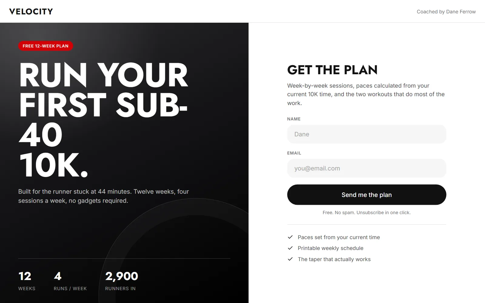A branded lead page for a running coach, asking for a name and email in exchange for a 10K training plan